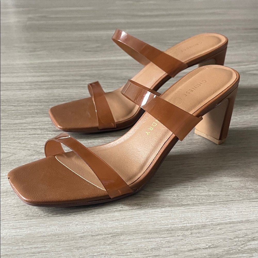 Chinese Laundry Brown Clear Strap Block Heel Sandals